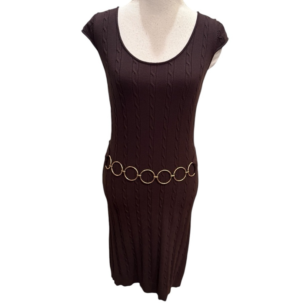 Milly of New York Women's Brown Cable Knit Sweater Dress w/Gold Chain Size M
